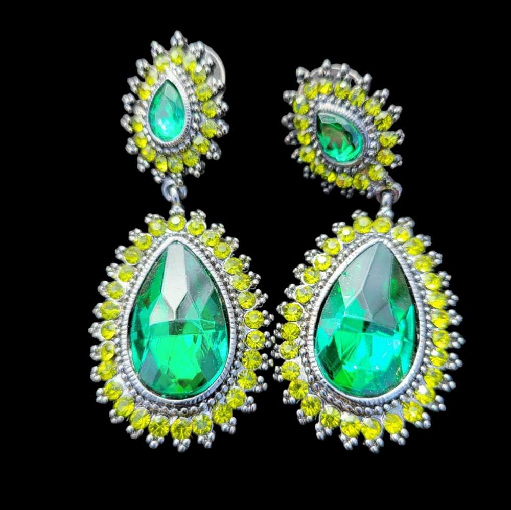 Statement Green Teardrop Rhinestone Dangle Earrin… - image 5